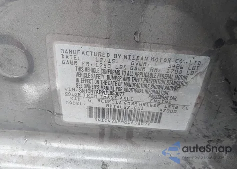 2016 Nissan Versa 1.6 S/1.6 S+/1.6 Sl/1.6 Sv z USA, uszkodzony, nr VIN 3N1CN7AP9GL853077